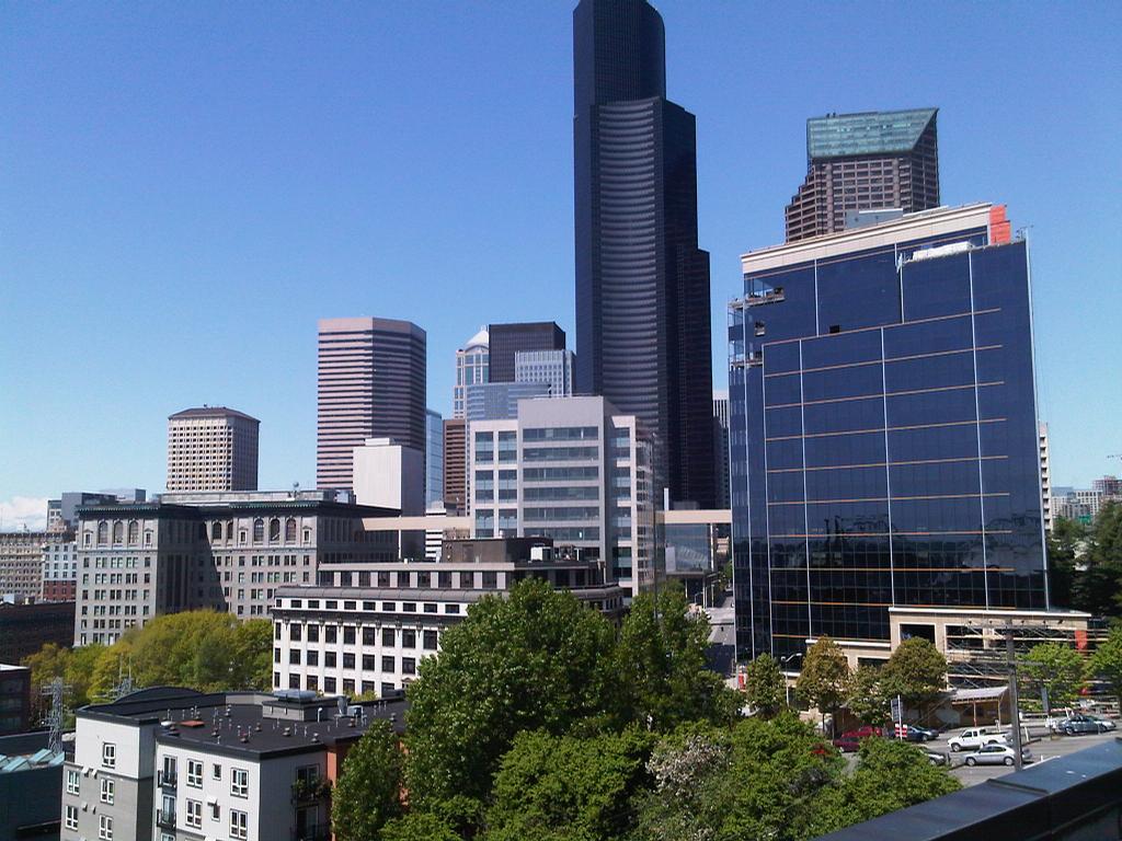 city view from deck from Metropolitan Park Apartments in Seattle, WA 98104